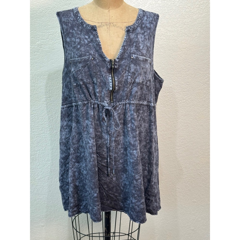 Torrid Womens Size 3 Acid Wash Sleeveless Zip Front Drawstring Tunic Top Gray